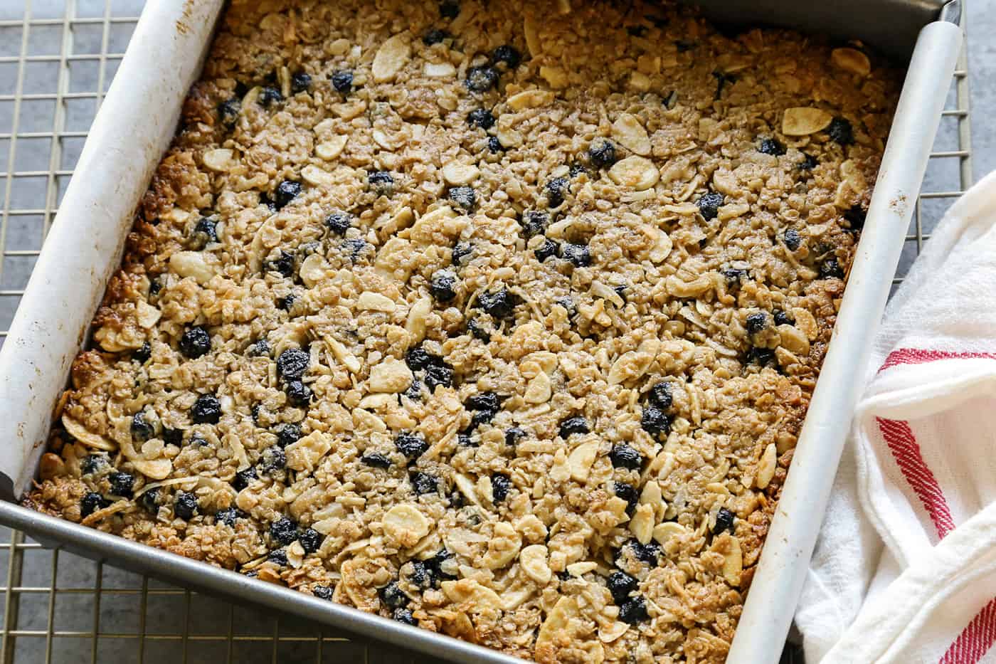 A pan of chewy granola bars ready to be baked