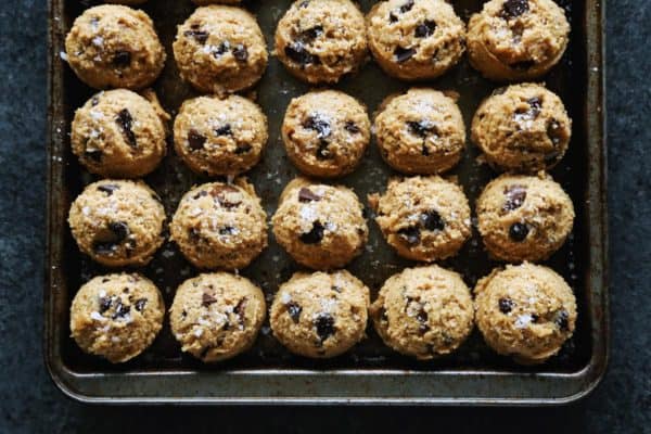 a pan of peanut butter chocolate chip cookie dough