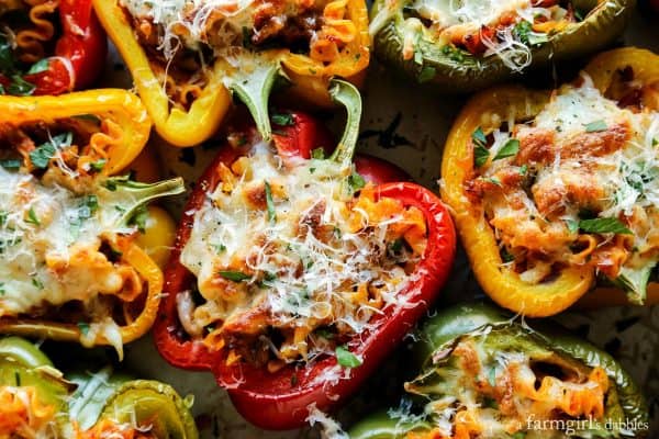 bell pepper halves stuffed with a cheesy lasagna mixture and baked