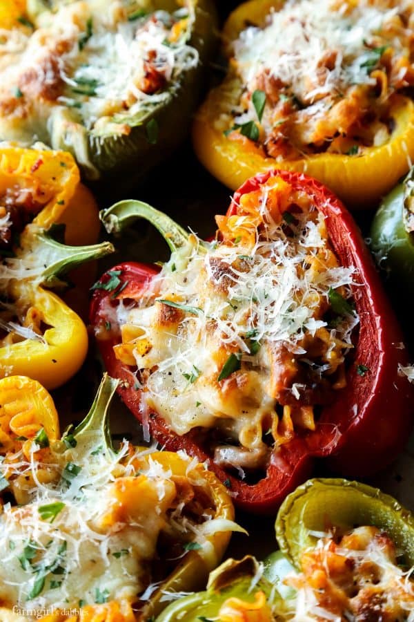 bell pepper halves stuffed with a cheesy lasagna mixture and baked