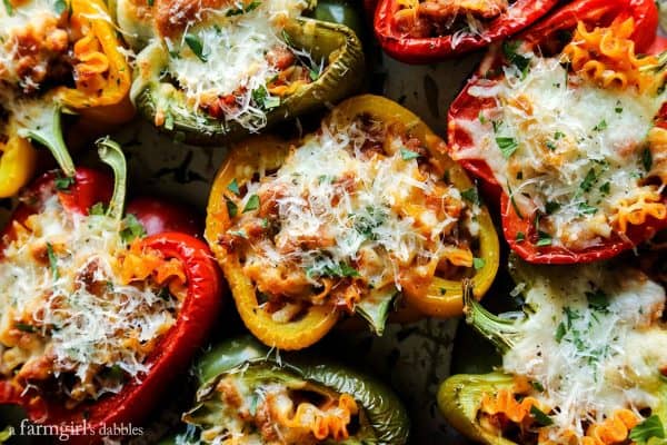 bell pepper halves stuffed with a cheesy lasagna mixture and baked