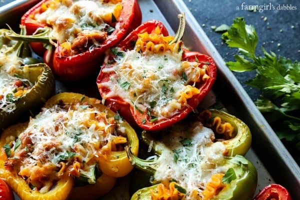 bell pepper halves stuffed with a cheesy lasagna mixture and baked