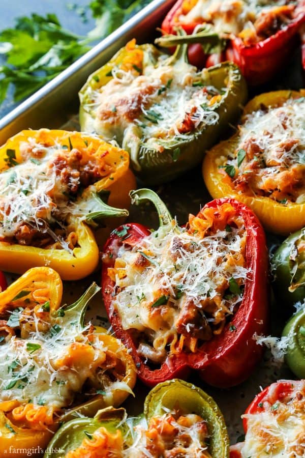 bell pepper halves stuffed with a cheesy lasagna mixture and baked