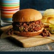 pinterest image of classic sloppy joes sandwich with a tall glass of milk
