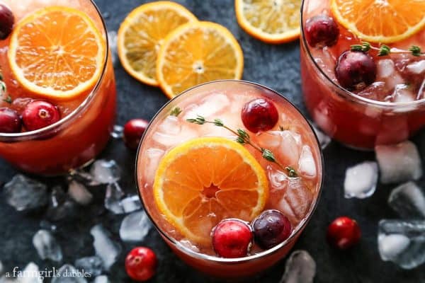 glasses of gin and tonic with cranberries and clementines