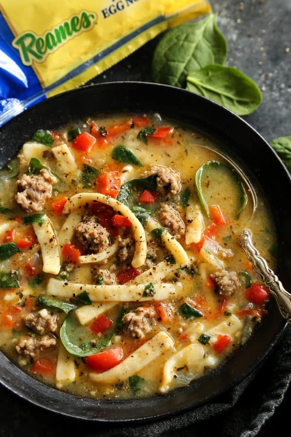 Sausage and Red Pepper Soup with Egg Noodles