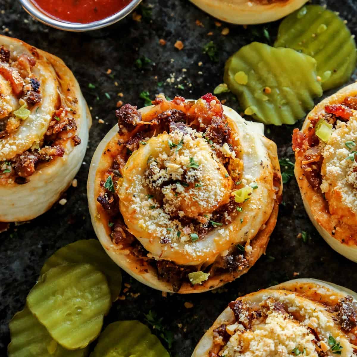 Overhead view of Cheeseburger Pizza Rolls