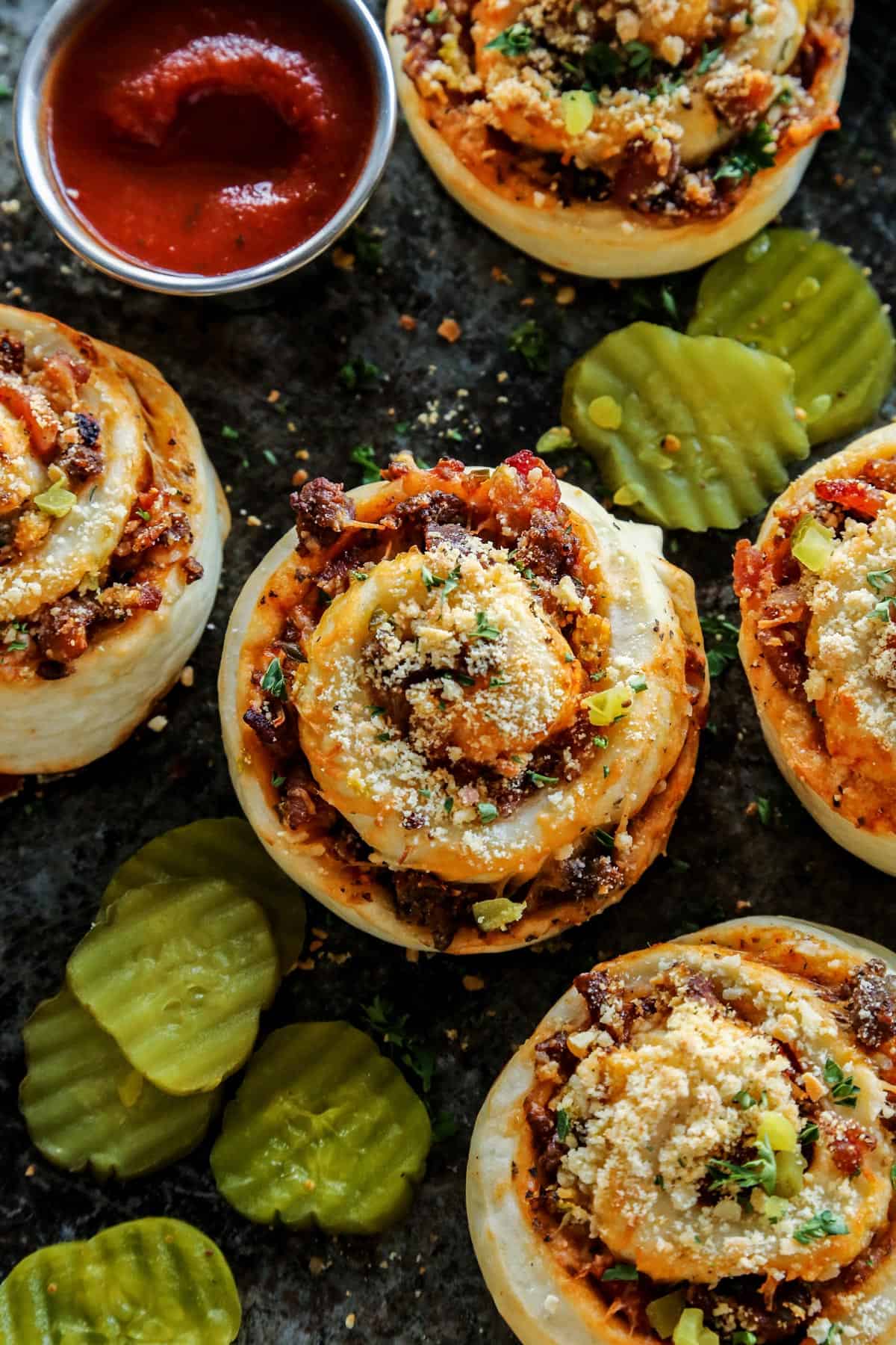 Bacon Cheeseburger Pizza Rolls with pickles