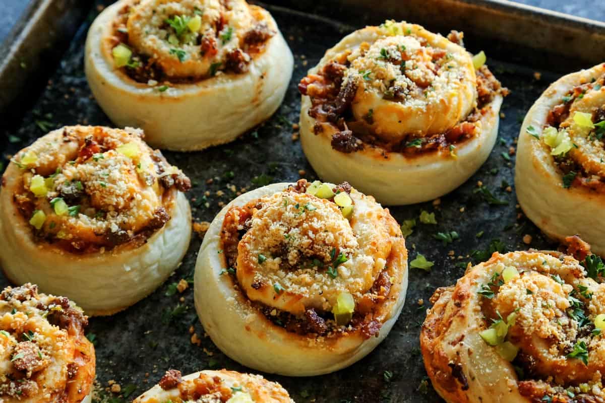 a pan of Bacon Cheeseburger Pizza Rolls