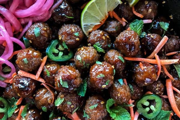meatballs with pickled onions and jalapenos