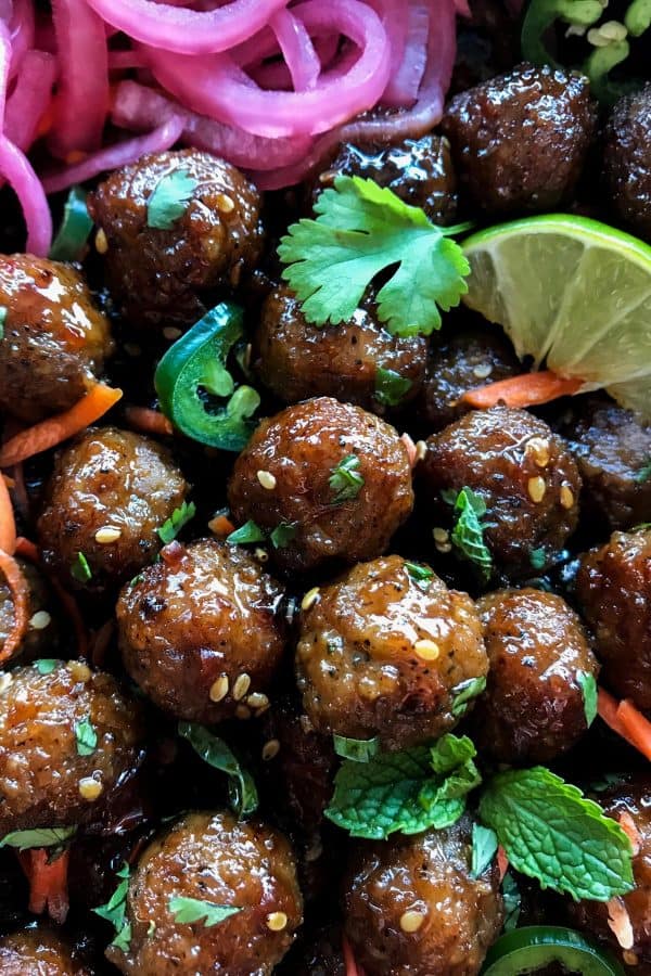 Banh Mi Meatballs from afarmgirlsdabbles.com #banhmi #meatballs #gameday #appetizer