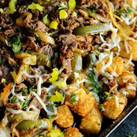 pan of cheesesteak totchos