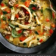 pinterest image of Sausage and Red Pepper Soup with Egg Noodles