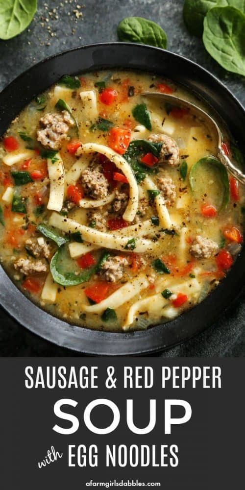 pinterest image of Sausage and Red Pepper Soup with Egg Noodles