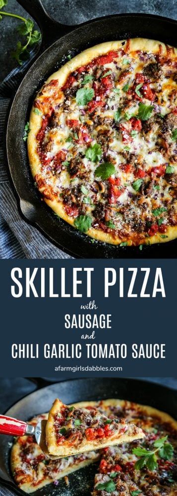 Skillet Pizza with Sausage and Chili Garlic Tomato Sauce from afarmgirlsdabbles.com