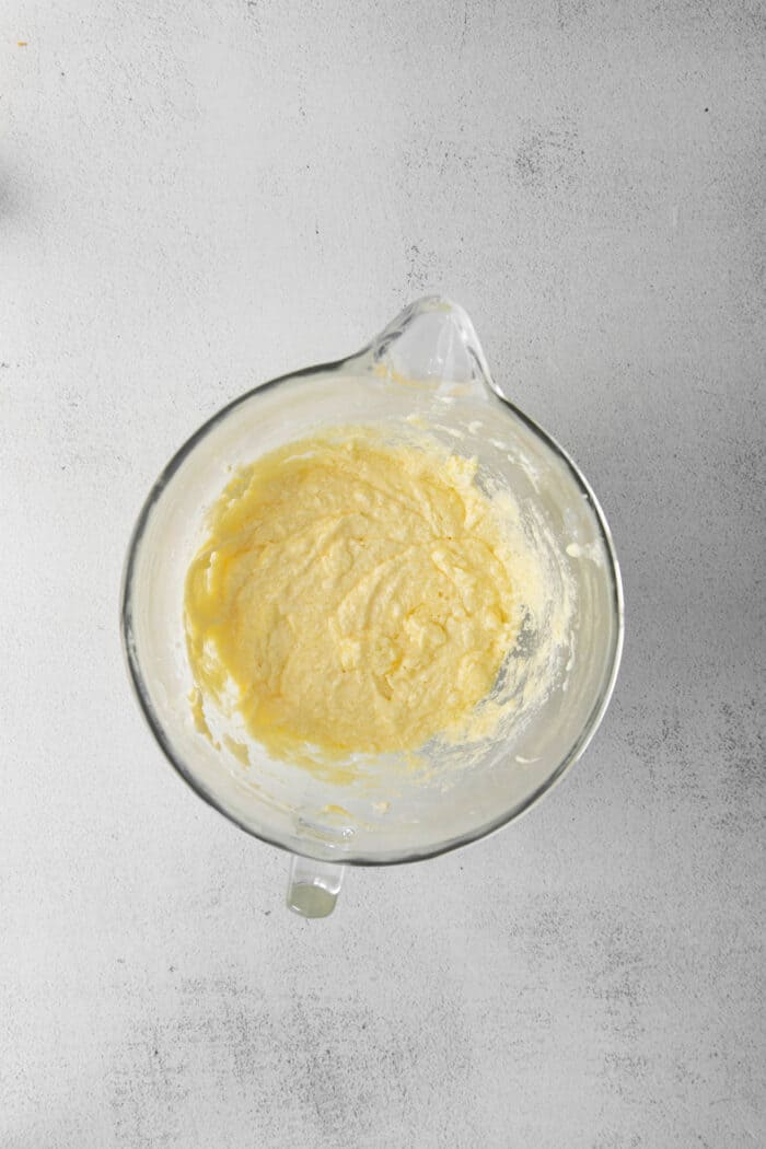 Creamed butter and sugar in a mixing bowl