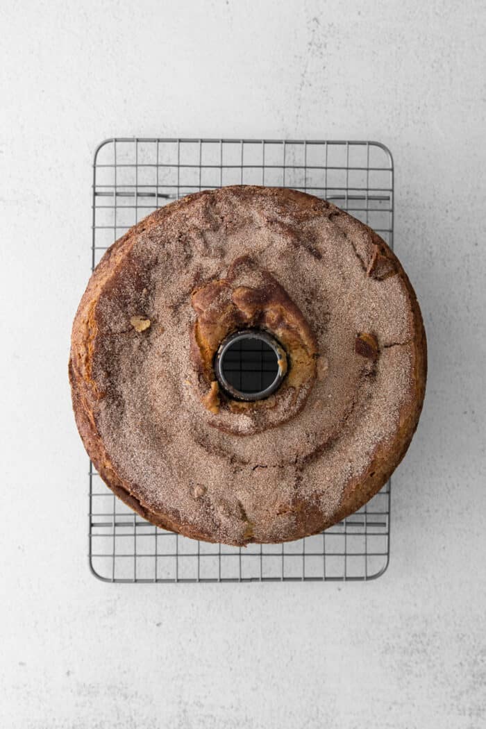 A sour cream coffee cake with cinnamon on a wire rack