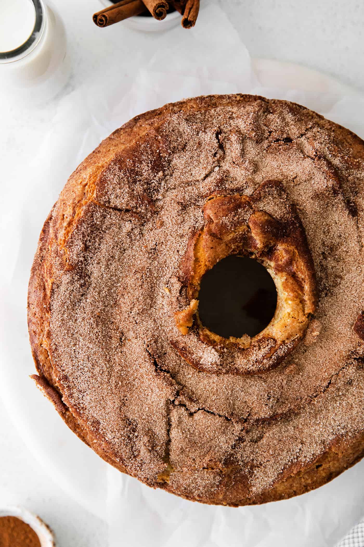 Close up of a cinnamon sour cream coffee cake