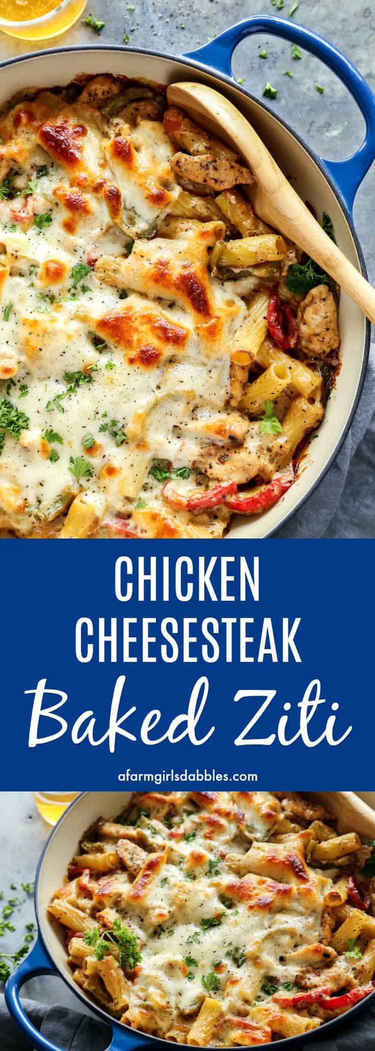 Chicken Cheesesteak Baked Ziti in blue dish, with wooden spoon
