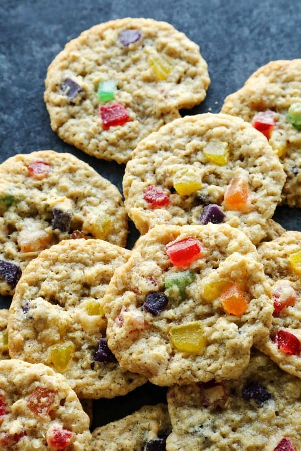 coconut cookies with colorful gumdrops on a counter