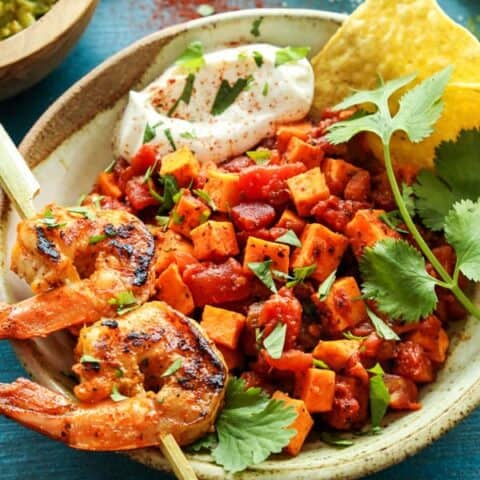 Mexican Sweet Potato and Tomato Grilled Shrimp Bowls