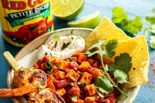 Mexican Sweet Potato and Tomato Grilled Shrimp Bowls with a can of red gold tomatoes