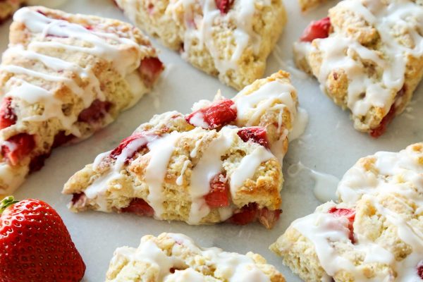 Strawberry Shortcake Scones on a baking sheet