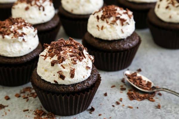 Chocolate Cupcakes with Fluffy Marshmallow Buttercream with chocolate shavings