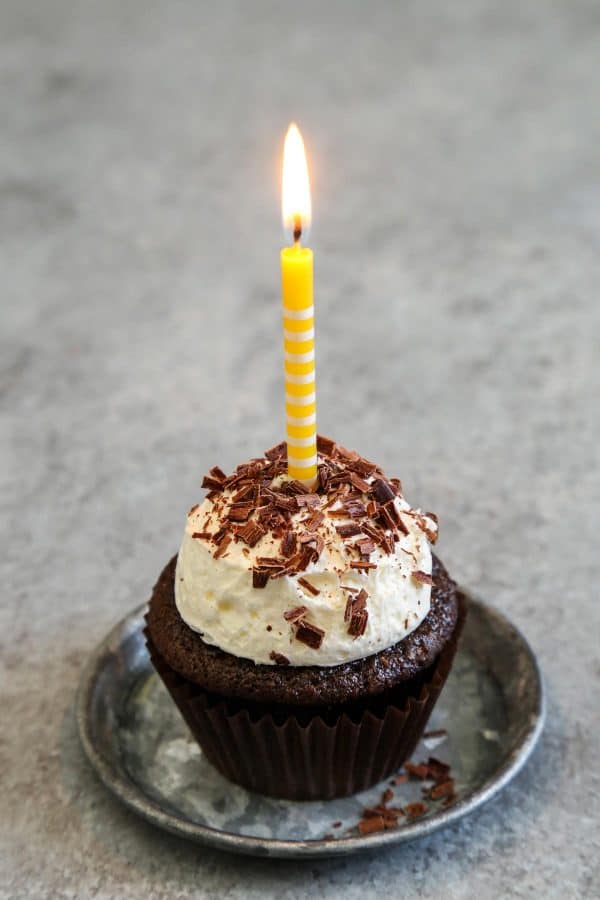 Chocolate Cupcakes with a yellow birthday candle