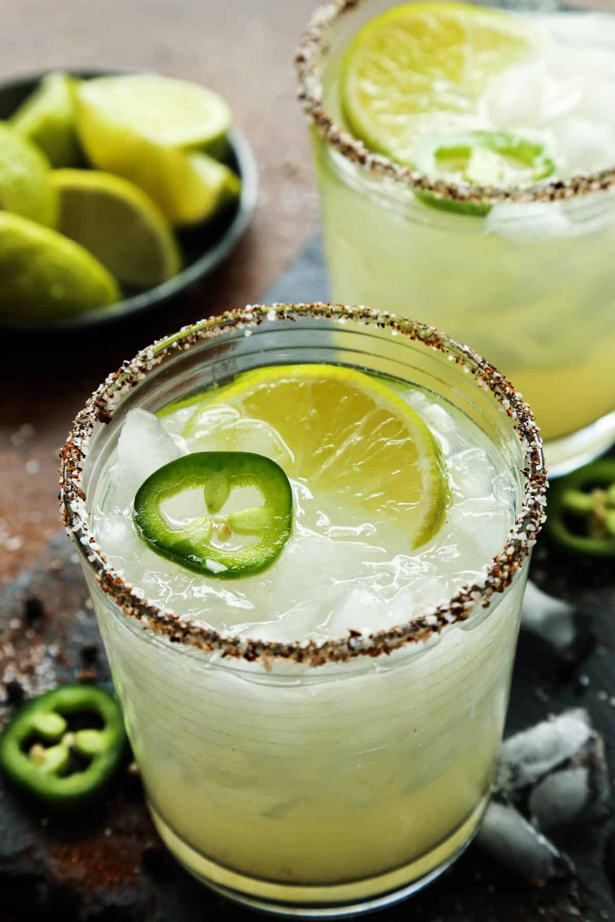 two glasses of Jalapeno Mezcal Margaritas