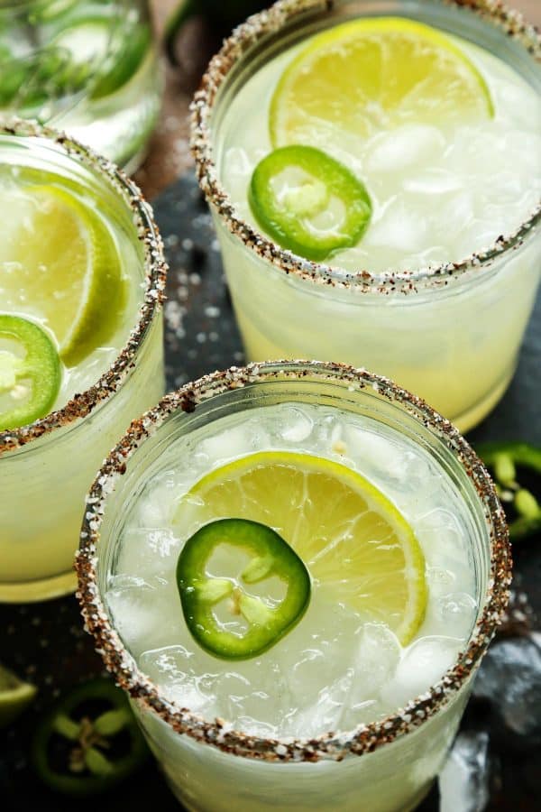 a glass with a salted rim, filled with a margarita