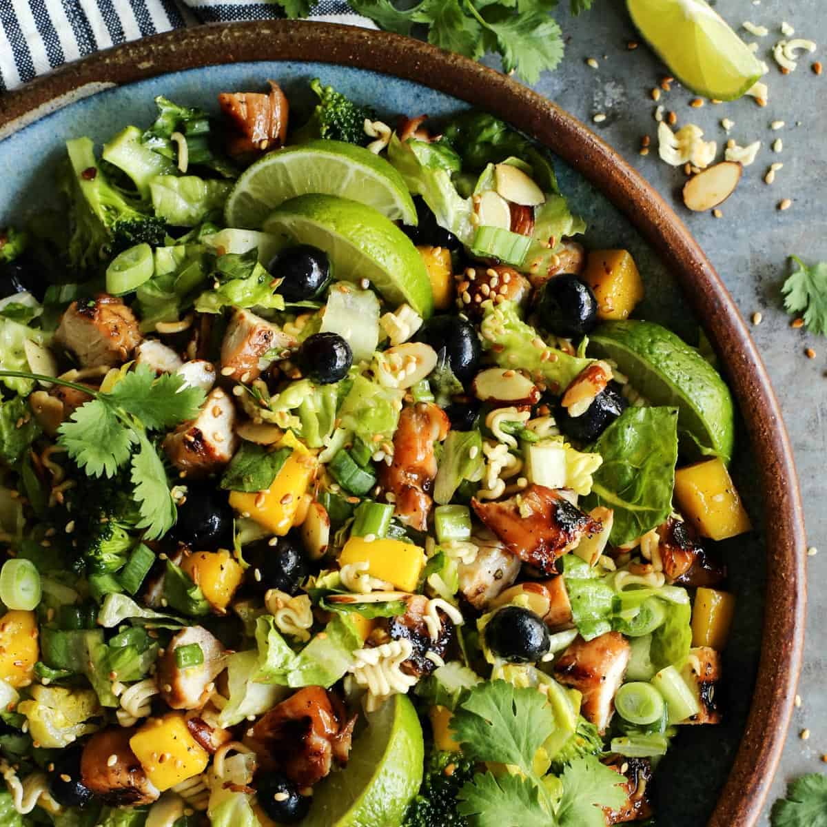 fresh chopped salad with grilled turkey and ramen noodles