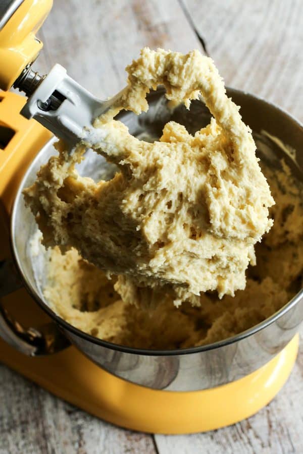 coffee cake batter in a mixer