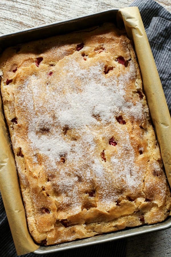 Rhubarb Sour Cream Coffee Cake in a baking pan