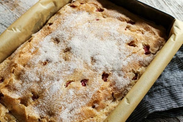 a pan of Coffee Cake made with sour cream and rhubarb