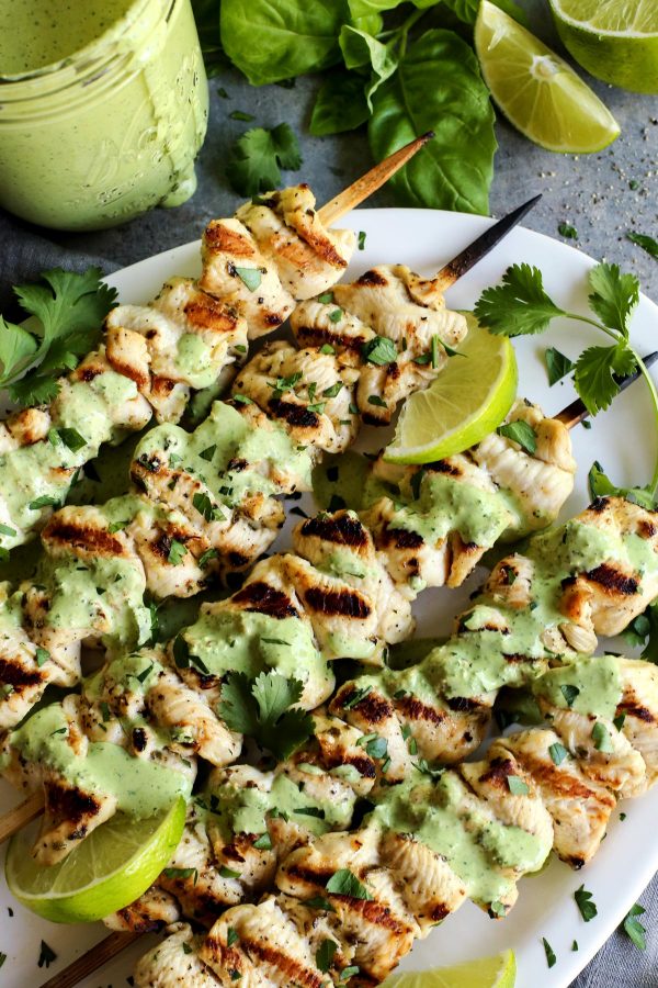 Grilled Chicken Skewers with Green Curry Yogurt Sauce