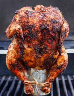 Cooked beer can chicken standing on can set on grill
