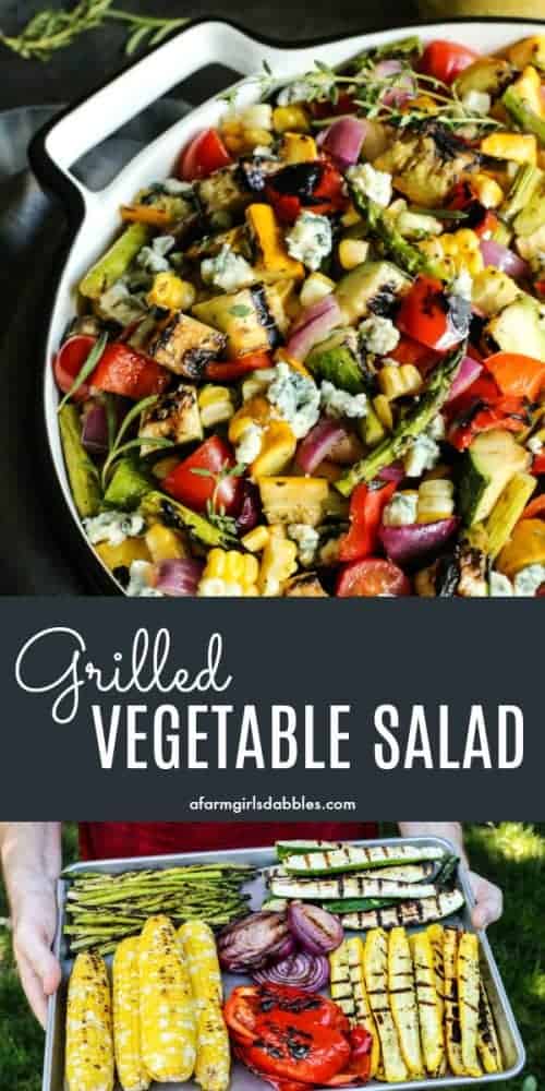 Pinterest image of grilled vegetable salad and grilled vegetables on a rimmed pan