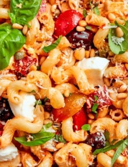 Closeup of sun-dried tomato pasta salad.