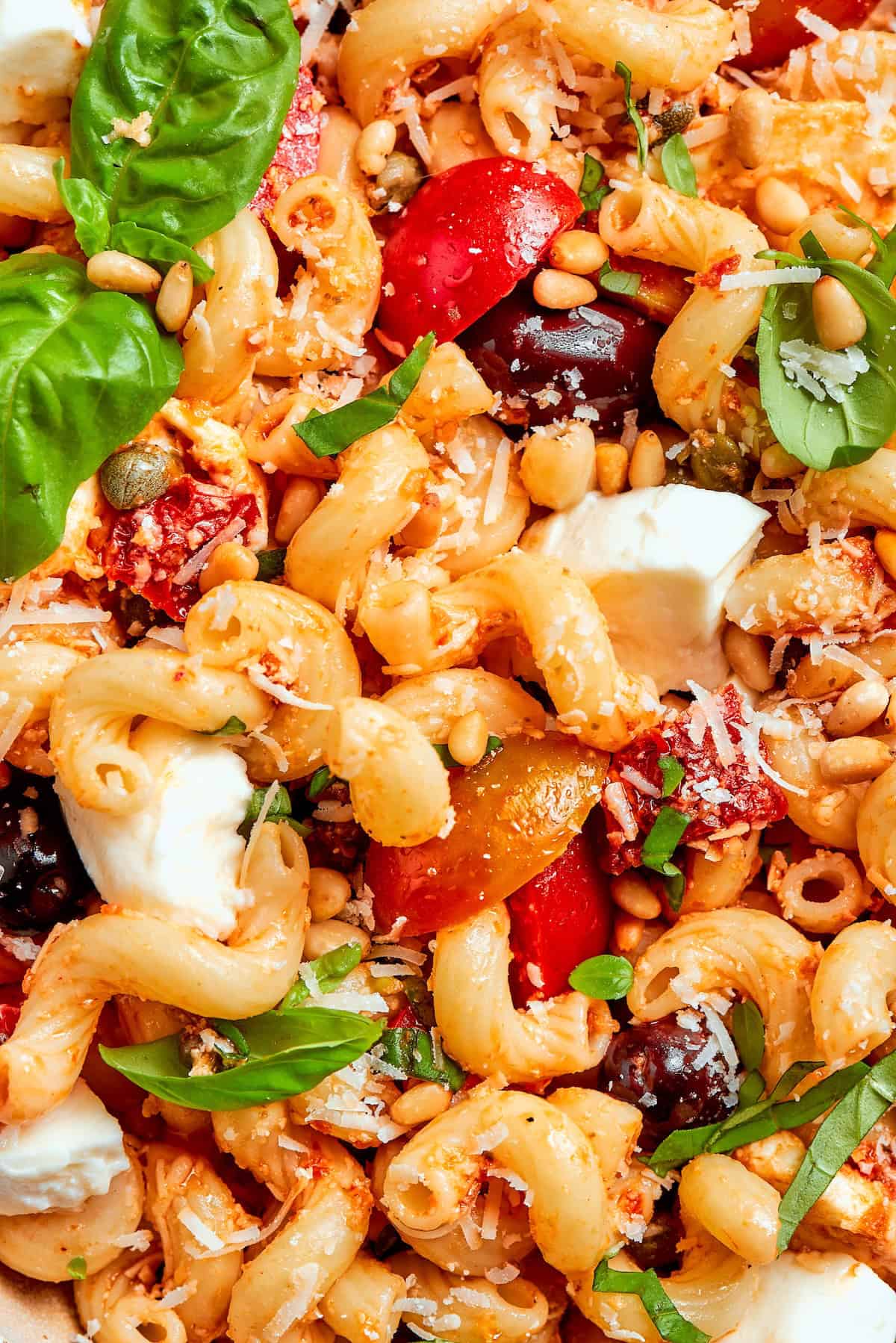This sun-dried tomato pasta salad lets the abundance of summer produce shine, with juicy tomatoes and fresh basil. Perfect for picnics! Closeup of sun-dried tomato pasta salad.