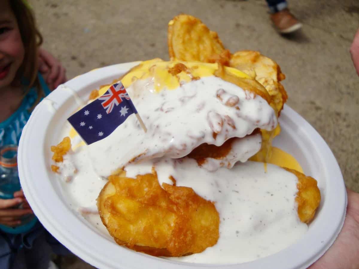 large deep fried potato slices and ranch sauce