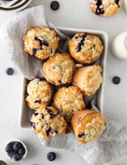 Overhead view of moist blueberry muffins in a pan