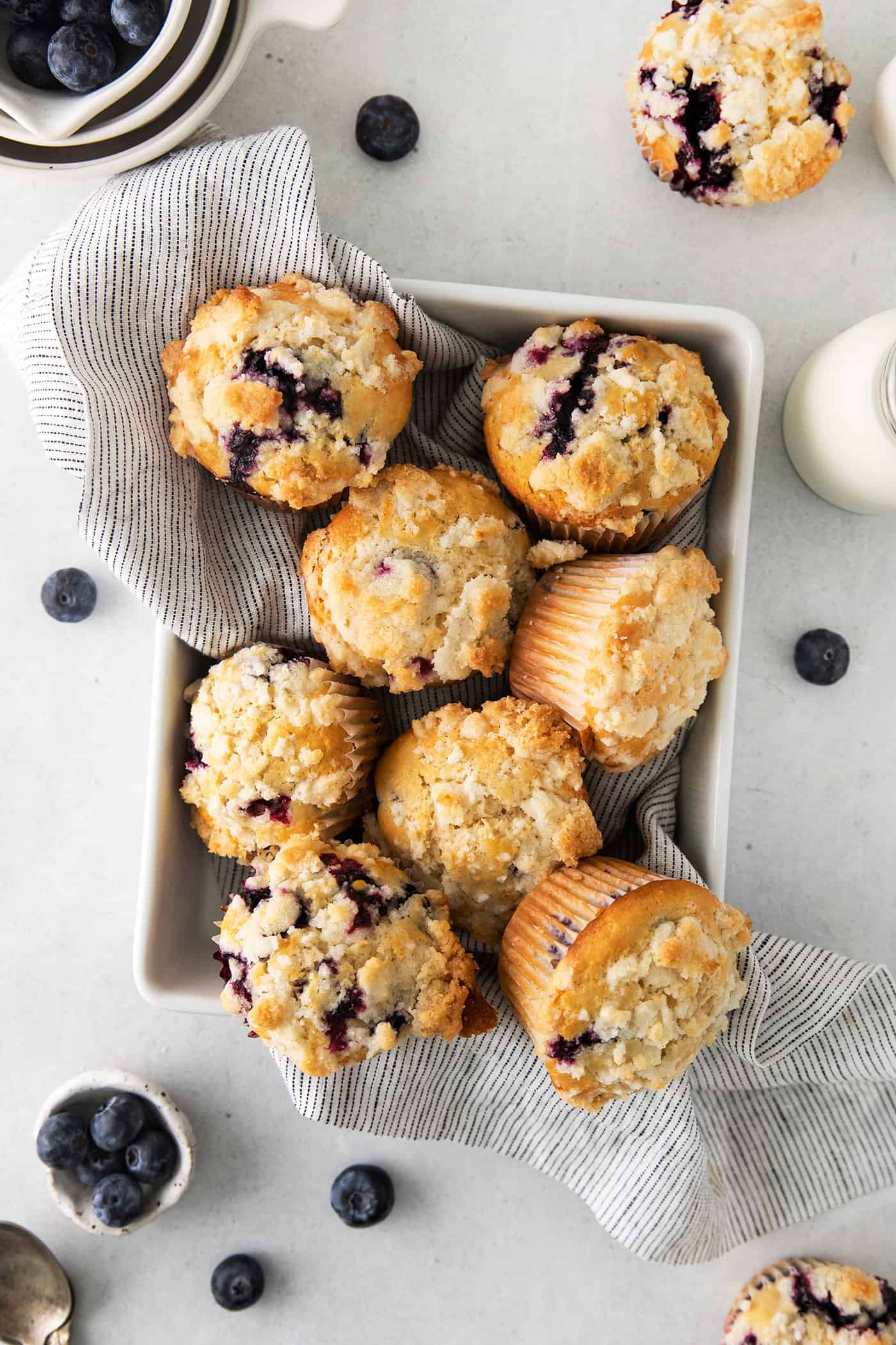 Overhead view of moist blueberry muffins in a pan