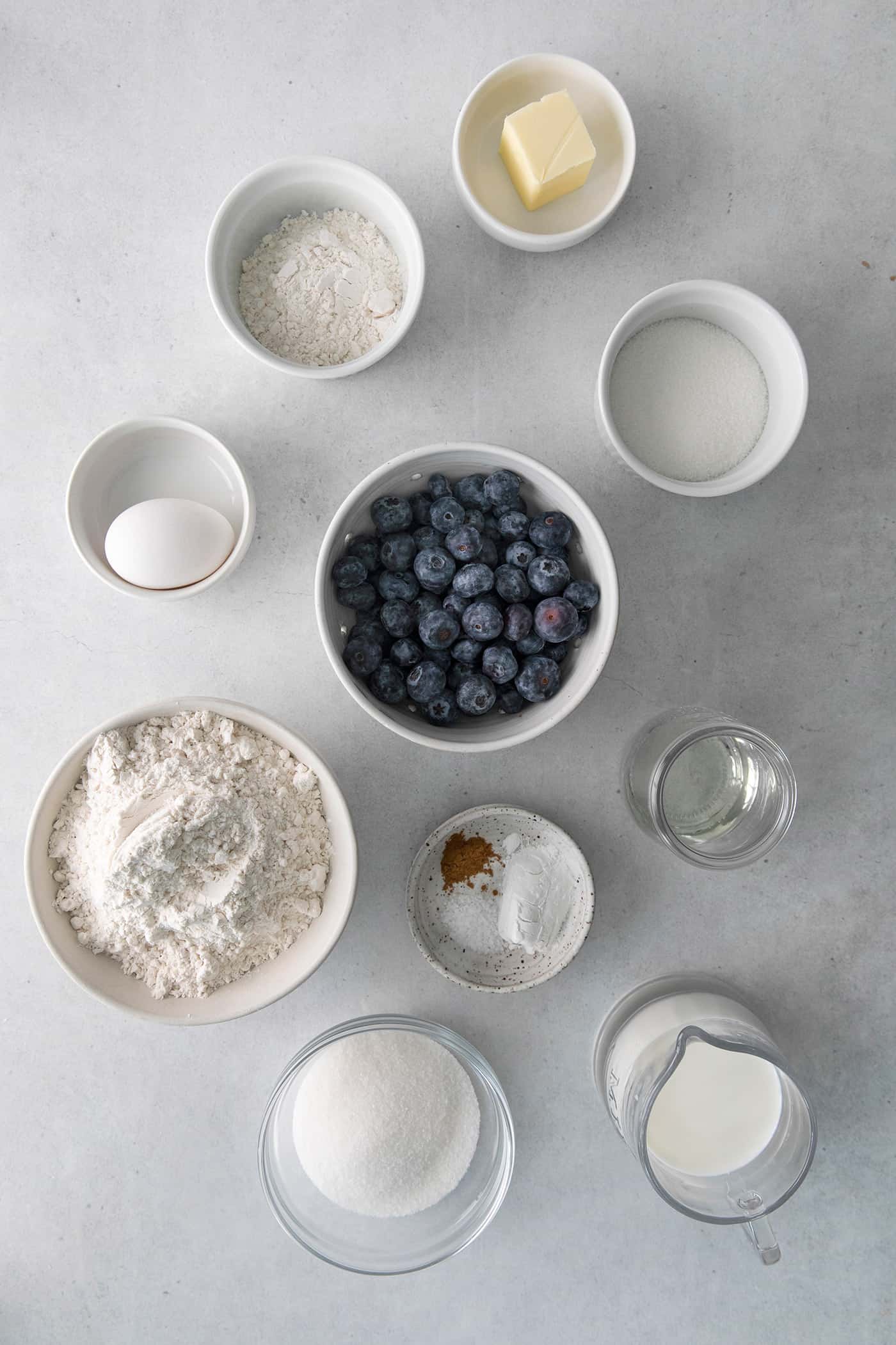 Overhead view of blueberry muffin ingredients