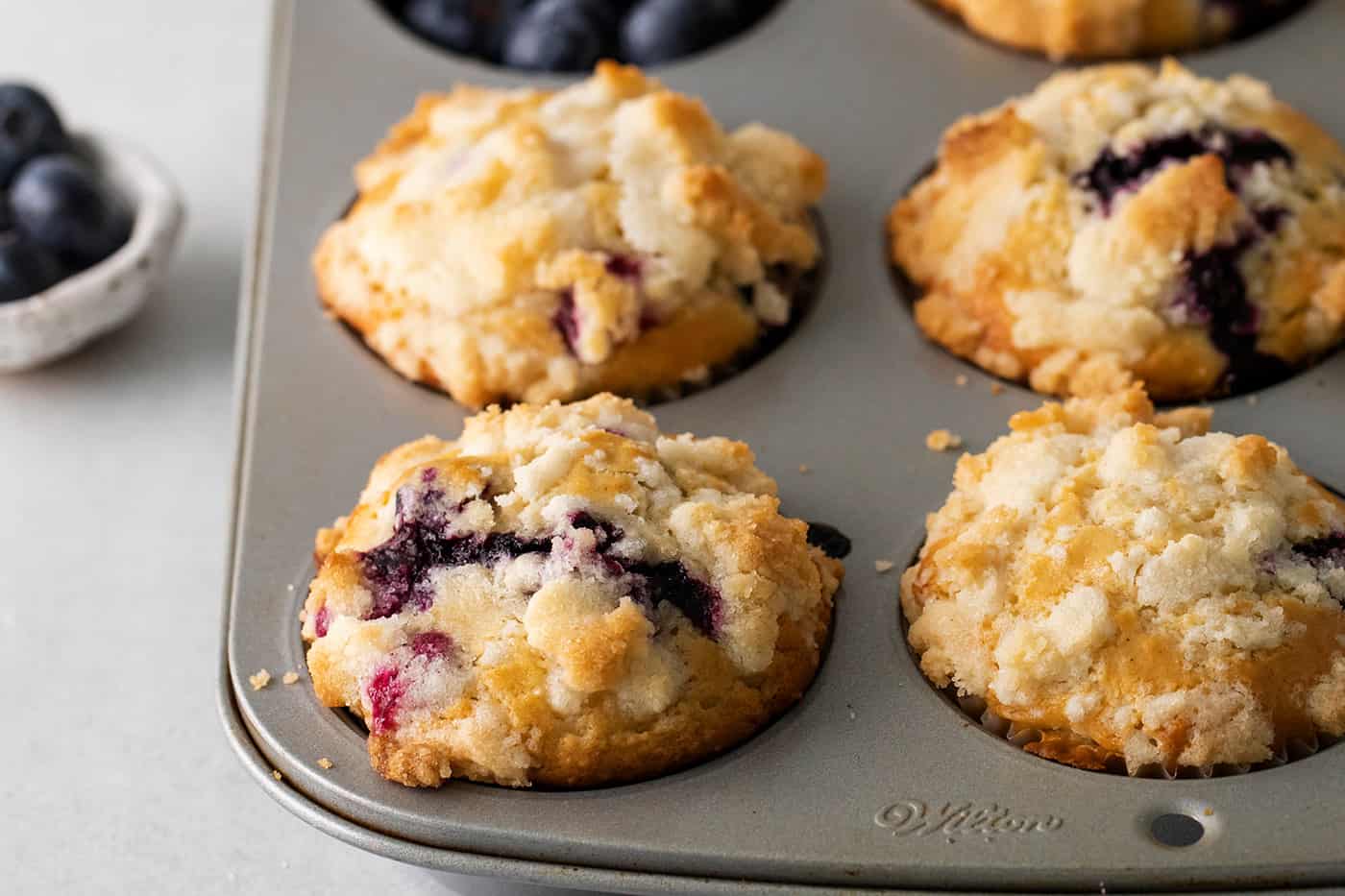 Close-up of freshly baked blueberry muffins