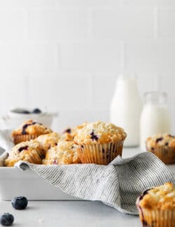 Blueberry muffins in a metal pan for serving