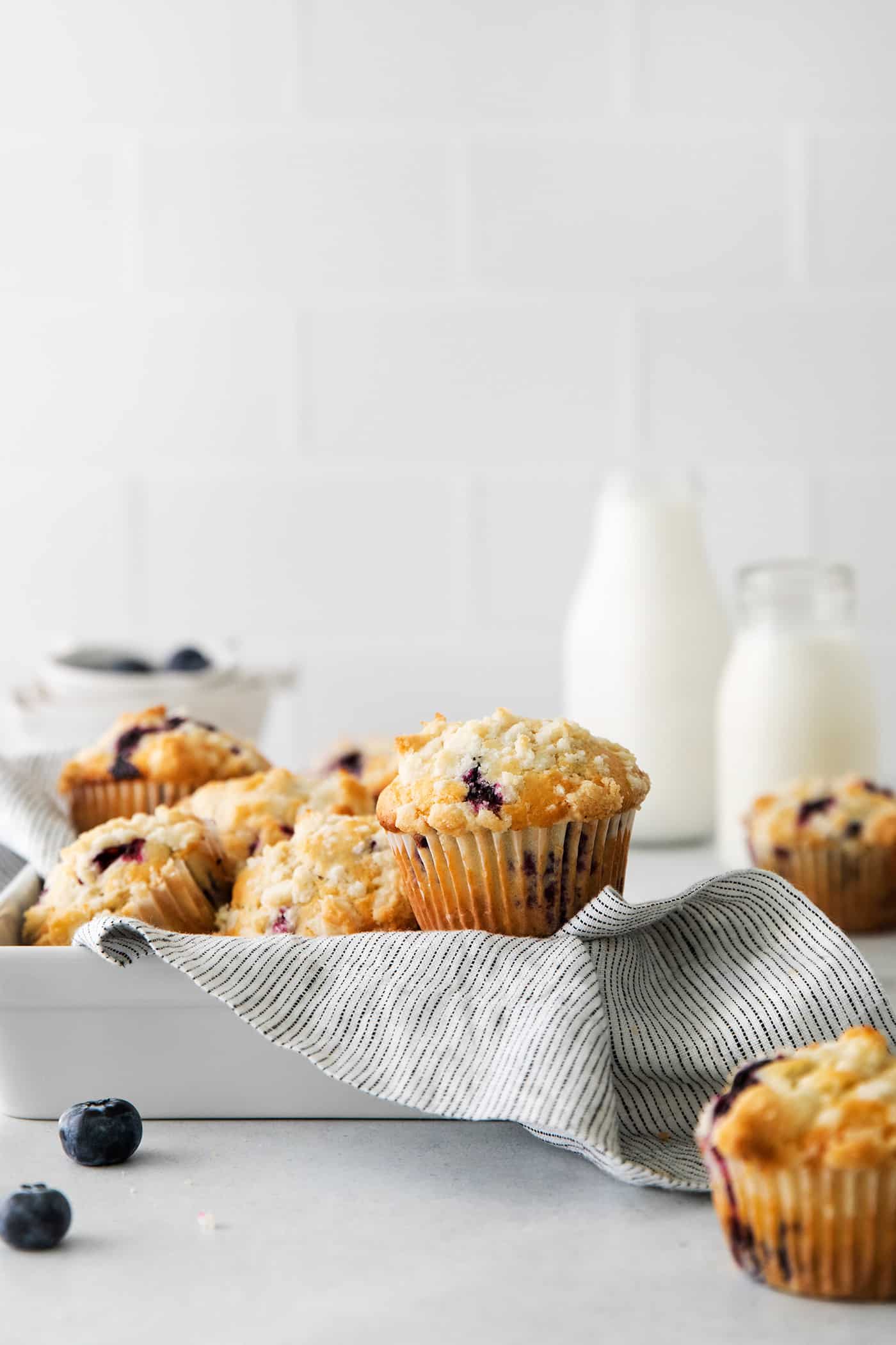 Blueberry muffins in a metal pan for serving