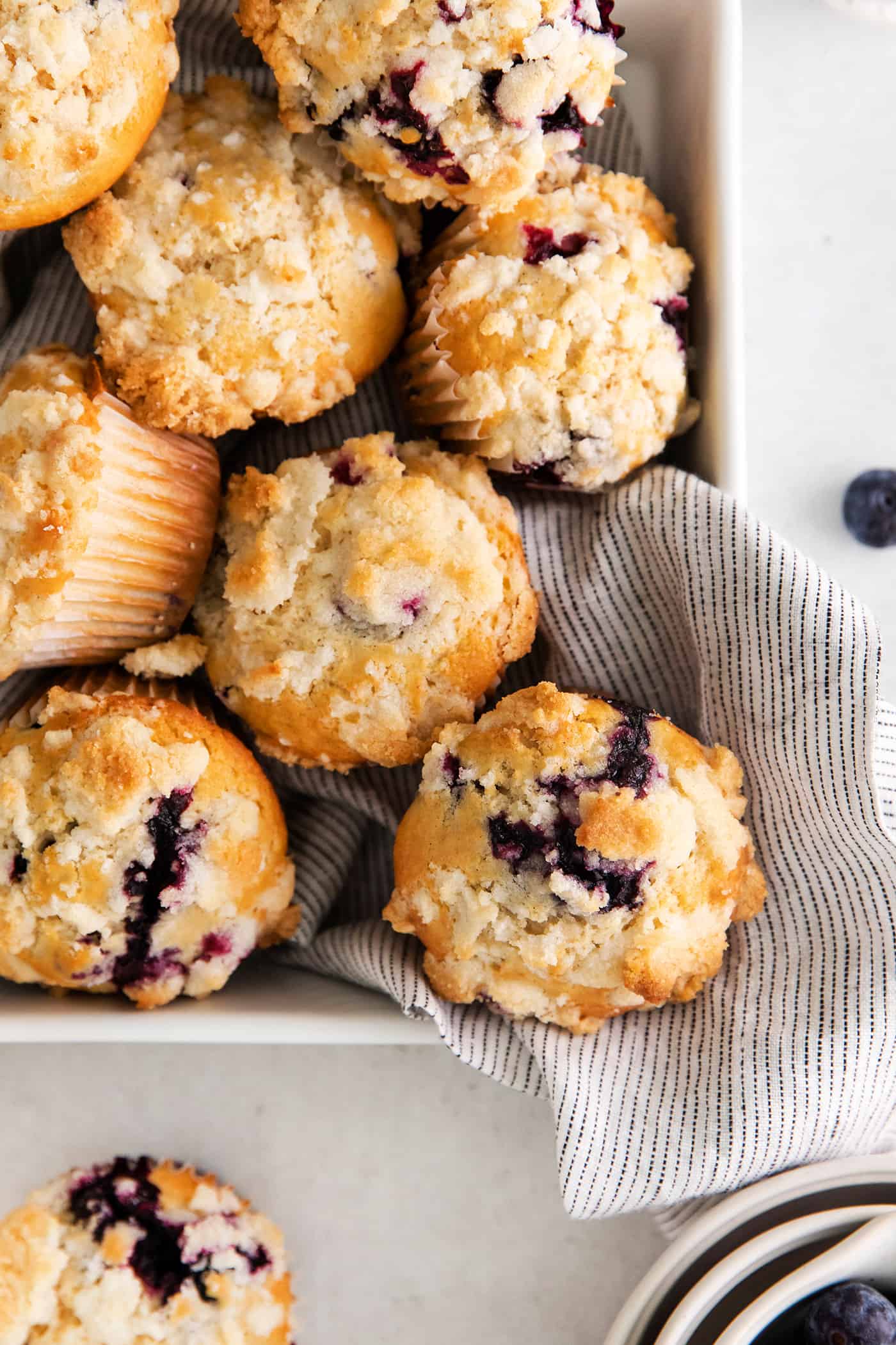 Close-up overhead of fresh blueberry muffins in a pan