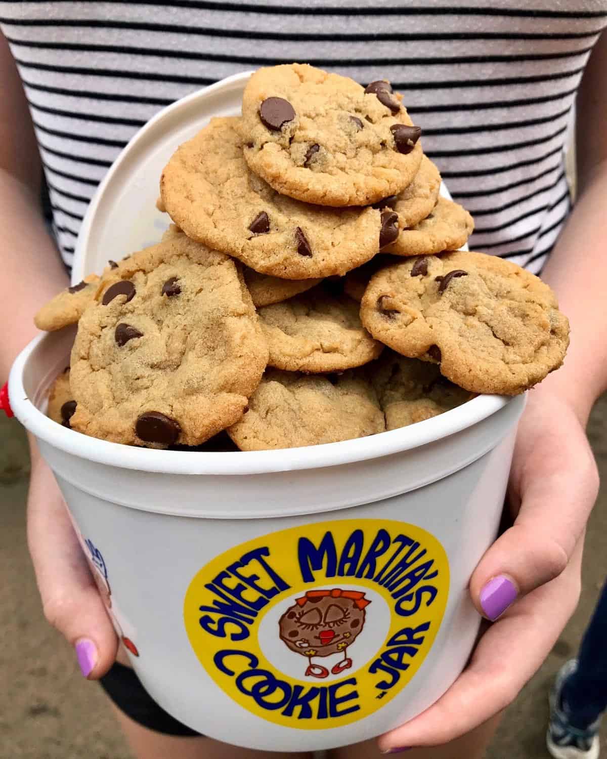 girl holding bucket of fresh baked chocolate chip cookies