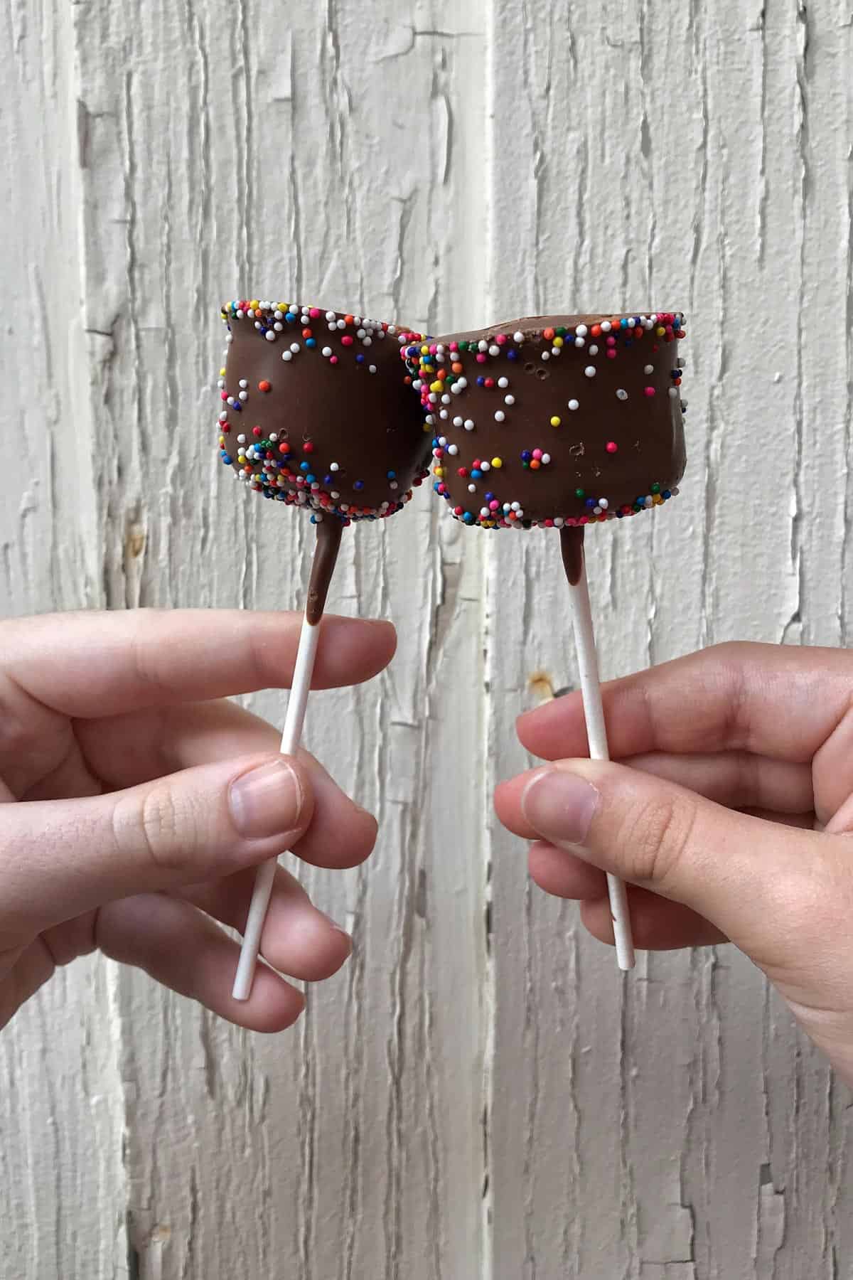 two hands holding chocolate covered marshmallows on sticks